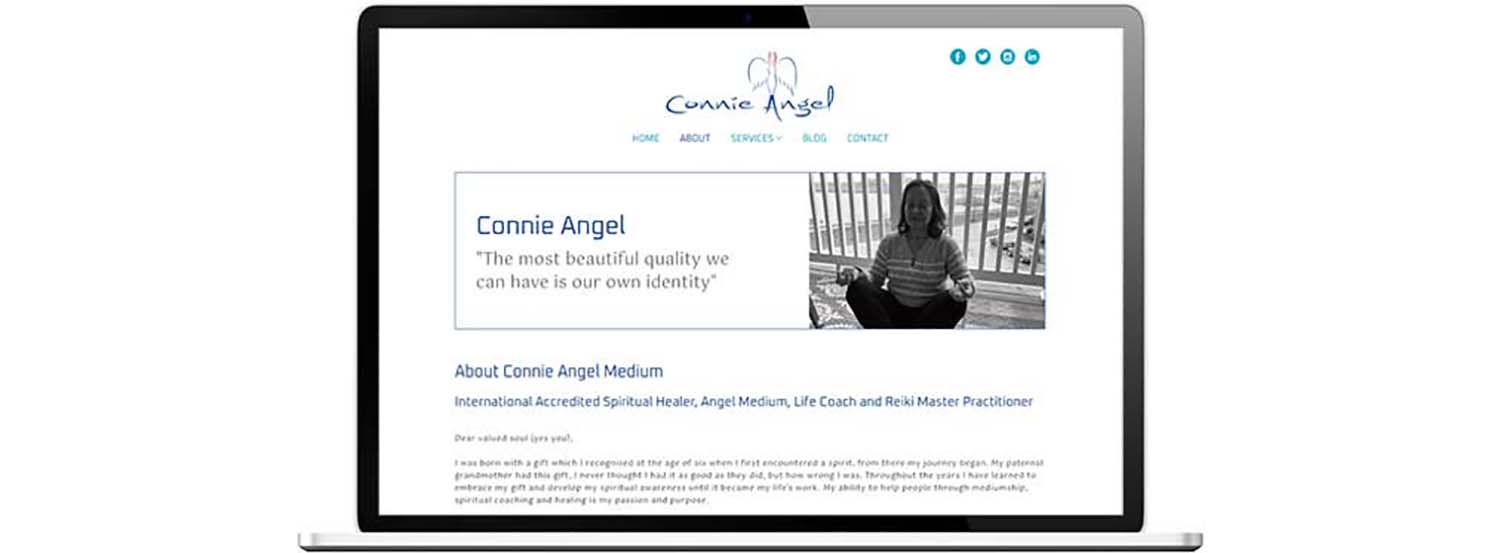 Connie Angel website on laptop device