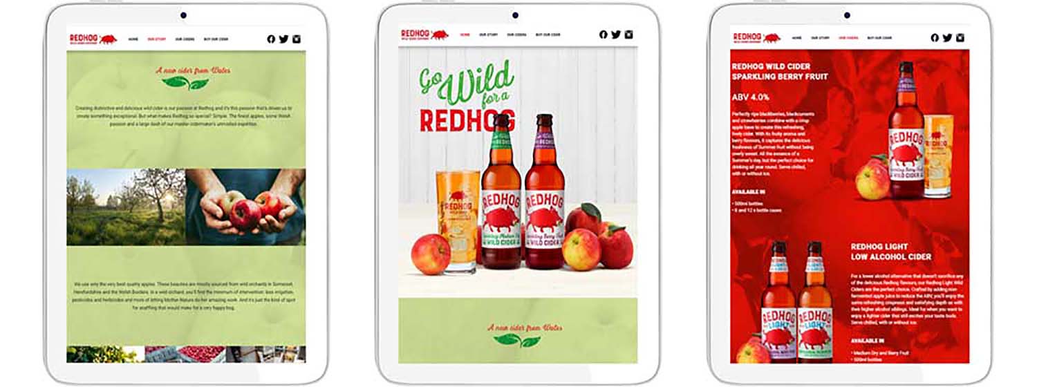 Red Hog Wild Cider website showing on tablet